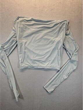 Naked Wardrobe Women’s XS Off Shoulder Crop Top Light Blue Ruched Long Sleeve